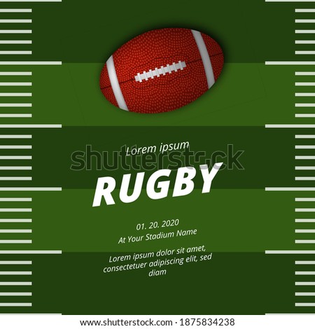 rugby or american football sport league competition poster announcement with realistic 3d oval ball top view on the green grass field yard