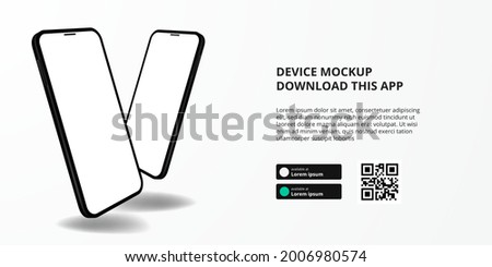 landing page banner advertising for downloading app for mobile phone, 3D double two smartphone float device mockup. Download buttons with scan qr code template.