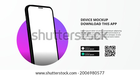 landing page banner advertising for downloading app for mobile phone, 3D perspective smartphone device mockup. Download buttons with scan qr code template.