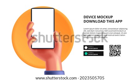 landing page banner advertising for downloading app for mobile phone, cute 3D hand holding smartphone device mockup. Download buttons with scan qr code template.