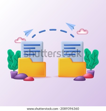 data folder transfer system technology illustration concept. 3d yellow folder with page document paper migration sending data and backup