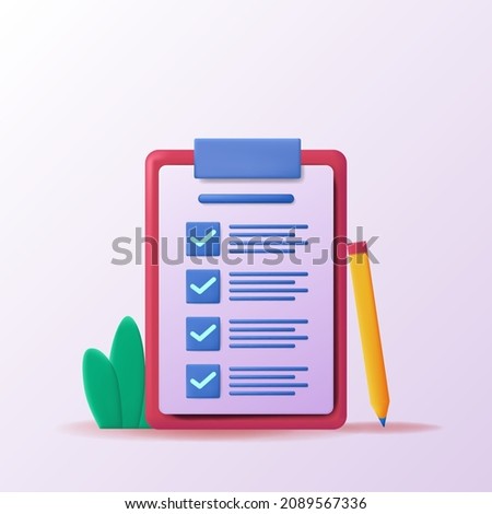 3d icon Checklist on a clipboard paper with pencil. Successful completion of list business tasks report
