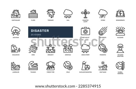 natural disaster catastrophe warning alert detailed outline line icon set