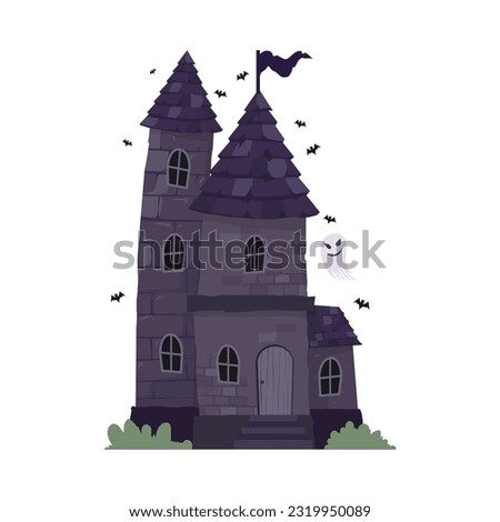 Creepy Haunted House or castle mansion Abandoned home with ghost and bat for halloween concept illustration