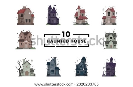 Set collection Creepy Haunted House or castle mansion Abandoned home with ghost and bat for halloween concept illustration