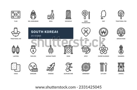 south korea asian country with traditional and culture element detailed outline line icon set