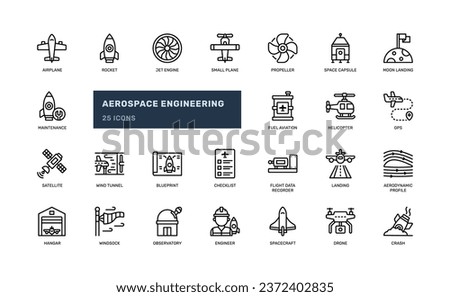 aerospace engineering aviation airplane space technology rocket detailed outline line icon set