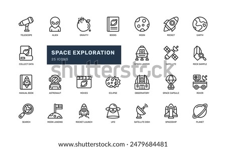 space exploration and science astronomy detailed outline line icon set