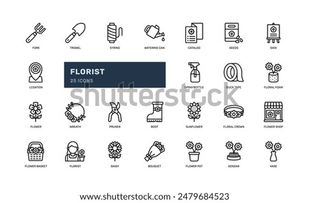 florist floral flower shop design craft detailed outline line icon set