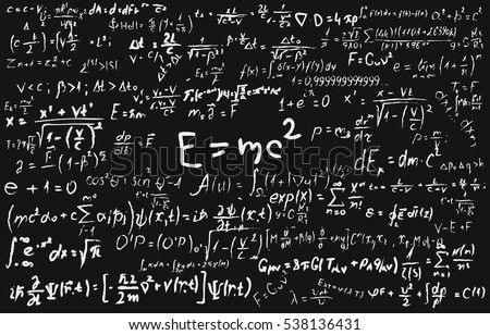 Blackboard inscribed with scientific formulas and calculations in physics and mathematics. 