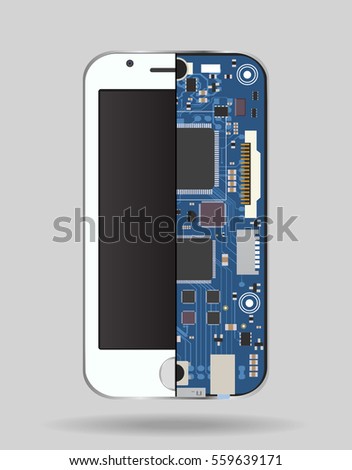 Internal phone device: circuit board, a microprocessor, a variety of chips and other electronic components. It can be used to illustrate the related repair and configuration of mobile devices.