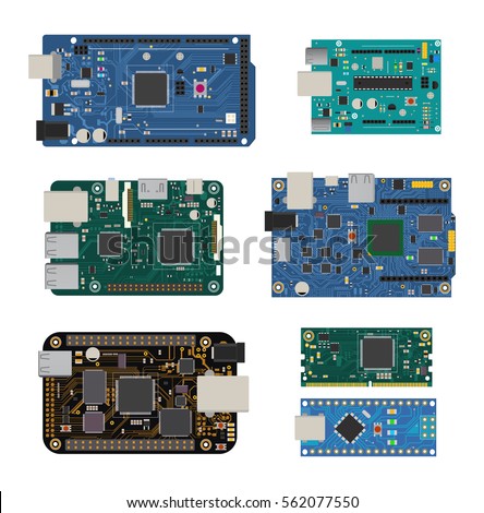 Set of electronic circuit boards with a microcontroller, LEDs, connectors, and other electronic components, to form the basic of smart home, robotic, and many other projects related to electronics. 