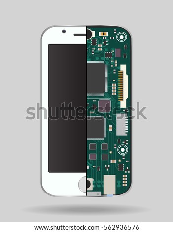 Internal phone device: circuit board, a microprocessor, a variety of chips and other electronic components. It can be used to illustrate the related repair and configuration of mobile devices.