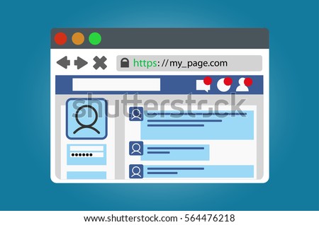 Internet browser window with an open social network web page. Object isolated on white background.