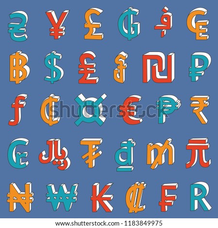 30 hand drawn currency symbols seamless pattern. Bright colorful three-dimensional signs on blue background. EPS 10