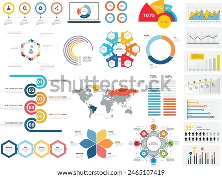 Infographic Elements - Includes bar and line charts, percentages, pie charts, step-by-step diagrams, options, timelines, and people infographics. Vector EPS10 illustration.