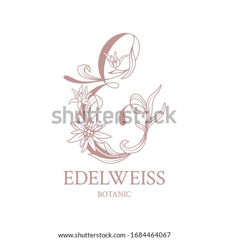 Edelweiss. Floral logo with elegant letter E. Drawn emblem for floral shops or studios, wedding florists, brand name, restaurant, boutique, hotel. Vector stock illustration on a white background.