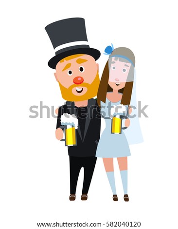 The bride and groom in an embrace. Happy romantic couple having a beer. Young people on a white. The girl in a wedding dress and a man in a hat and suit.  Bearded man with a dark haired girl.