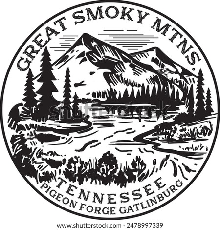 Great smoky mountains Landscape T- shirt design, Gatlinburg Tennessee Tees decal. Illustrator eps file, ready to print, single color.