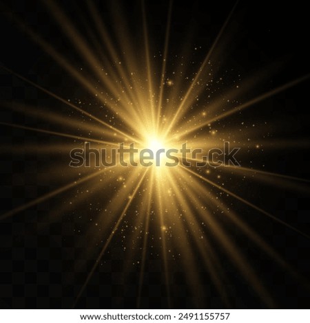 The image depicts a golden light , including sun rays and a dawn effect. The image also includes a gold flare