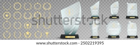 Set of glass award trophy with laurel wreath. Transparent prize template with golden laurel branches. Winner first place concept. Vector illustration.