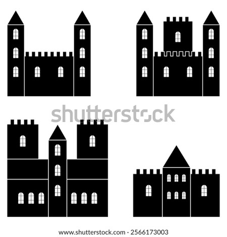 Silhouette shadow of castle. Castle with multiple towers and spires. Simple doodle black filled hand drawn vector illustration isolated on white background. Landscape of Castle with many towers