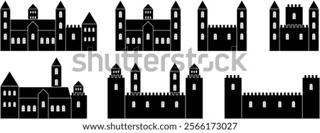 Silhouette shadow of castle. Castle with multiple towers and spires. Simple doodle black filled hand drawn vector illustration isolated on white background. Landscape of Castle with many towers