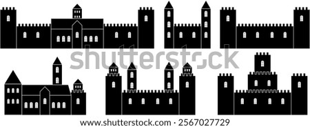 Silhouette shadow of castle. Castle with multiple towers and spires. Simple doodle black filled hand drawn vector illustration isolated on white background. Landscape of Castle with many towers