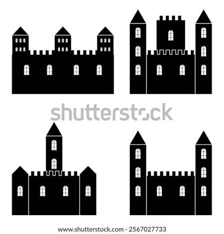 Silhouette shadow of castle. Castle with multiple towers and spires. Simple doodle black filled hand drawn vector illustration isolated on white background. Landscape of Castle with many towers