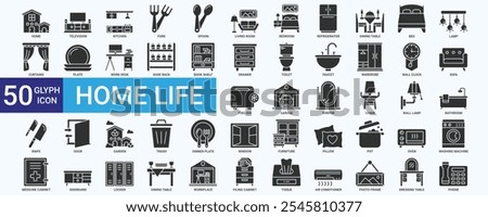 Home life icon set with bedroom, kitchen, living room, bathroom, toilet, chair, wardrobe, sofa, television and lamp