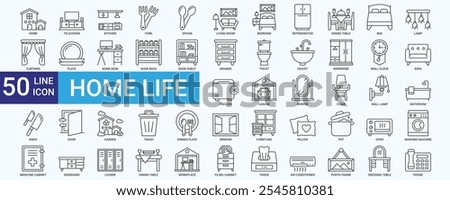 Home life icon set with bedroom, kitchen, living room, bathroom, toilet, chair, wardrobe, sofa, television and lamp