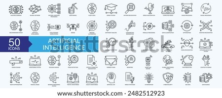 Artificial intelligence icon collection set with machine learning, neural network, speech recognition, image processing, spam filtering