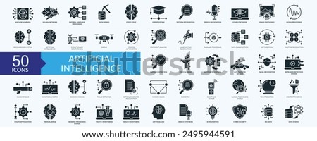 Artificial intelligence icon collection set with machine learning, neural network, speech recognition, image processing, spam filtering