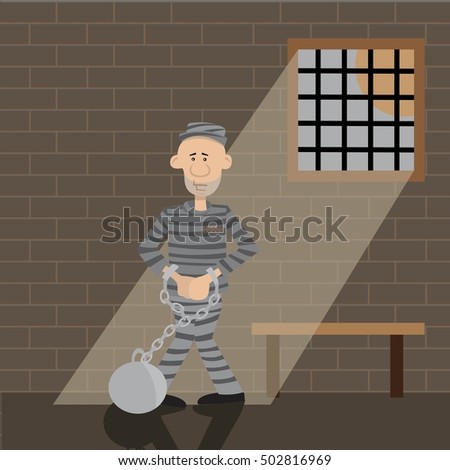 the man in the cell in handcuffs. through the grating the incident light beam. vector illustration of cartoon