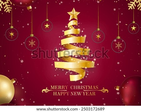 a Christmas tree made of gold ribbon in a circle resembling a tree and greetings for the New Year and Christmas on a red background.