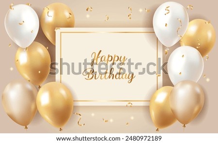 Balloon happy birthday banner, happy congratulations celebration anniversary luxury party shiny gold silver balloons and confetti banner poster, vector template