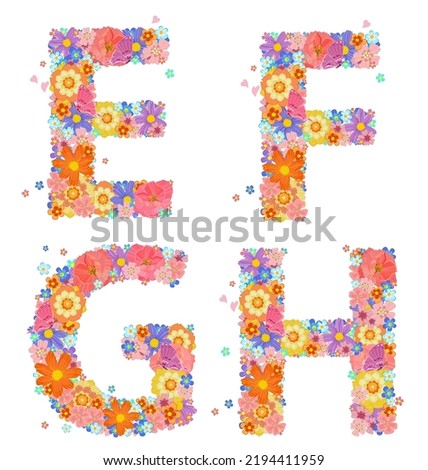 cheerful floral font alphabet with perching butterflies and flying hearts around. collection of colorful letters E, F, G, H with stylized flowers. signs of abc with brite poppies and marguerite daisy