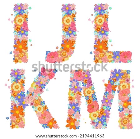 cheerful floral font alphabet with perching butterflies and flying hearts around. collection of colorful letters I, J, L, K, M with stylized flowers. signs of abc with brite poppies and marguerite 