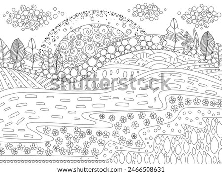 coloring book page for adults and children. sunrise over rural landscape with fields, blooming meadows. trees