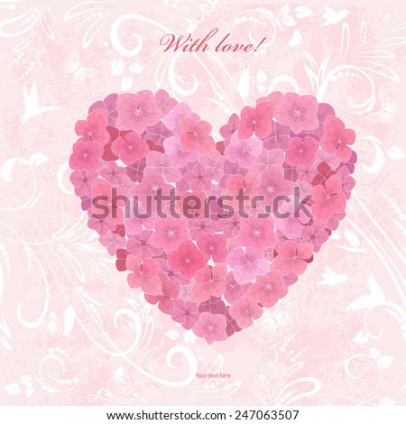 Invitation card with love. a flower heart of hydrangea