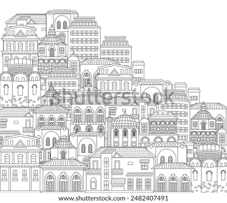 outline black and white beautiful cityscape. anti stress colouring book page for adults and children