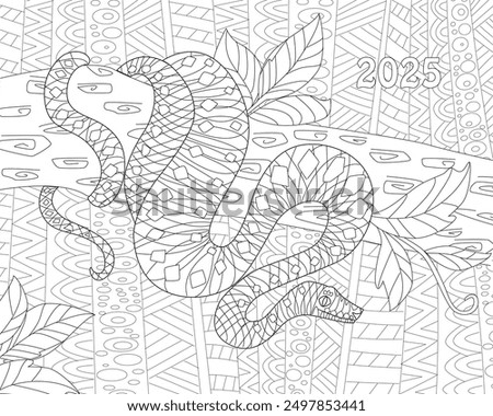 coloring book page for adults and children. little snake coiled around a branch of tree against abstract geometric pattern. Happy Chinese New Year 2025