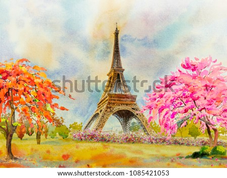 Paris European city famous landmark of the world. France Eiffel tower and flower pink, red color, cherry blossom in garden, with spring season, Modern art  Watercolor painting illustration, copy space