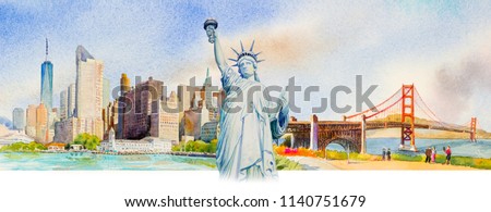 Statue Liberty, Manhattan urban, Golden gate bridge in USA. Famous landmarks of the world. Watercolor painting cityscape, architecture and business city. Hand painted illustration, tourism location