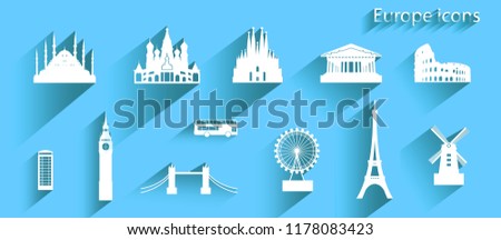 Icon set of europe architecture symbol on blue background with long shadow,  Illustration white european icon, Symbol collection, Paper cut origami and paper art, Vector logo illustration for travel.