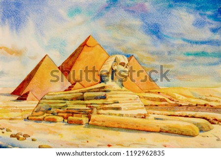 Hand drawn watercolor painting landscape on paper.  The Great pyramid with desert in Giza and the Sphinx in Egypt.  Illustration art, sky and cloud background, travel landmark of the world.