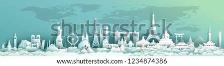Travel landmarks world with world map background, Landmark architecture monuments of the world,Tourism with panoramic landscape paper cut style,Use for travel poster and postcard,Vector illustration.