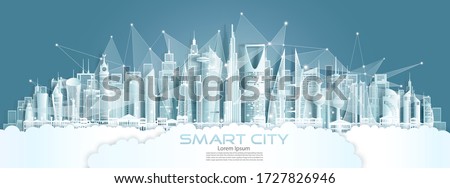 Technology wireless network communication smart city with architecture in middle east of Asia downtown skyscraper on blue background, Vector illustration futuristic green city and panorama view. 