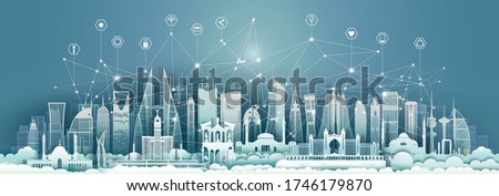 Technology wireless network communication smart city with icon and architecture in Middle east  downtown skyscraper on blue background, Vector illustration futuristic green city and panorama view.