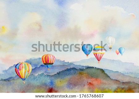 Watercolor painting colorful hot air balloons flying over mountain at Dot Inthanon in Chiang Mai, Landmark Thailand. Nature landscape with trees, travel woodland and mountain scene illustration.
